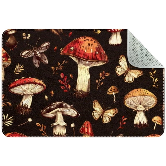 Mushroom and Insects Pattern Small Area Rug, Non-Slip Door Mat Indoor Floor Mat, Washable Kitchen Rug Entrance Door Mat for Bedroom Living Room