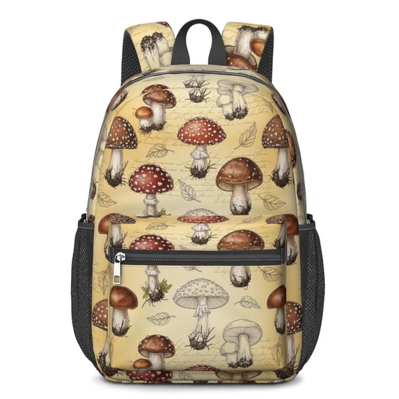 Mushroom and Leaf Beige Pattern 17" Waterproof Oxford School Backpacks for Teens, S-Shape Padded Straps, for School, Travel, Hiking, Camping