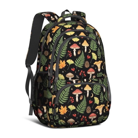 Mushroom and Leaf Black Pattern Cute School Backpack Bag with Padded Back and Adjustable Shoulder Straps 16.9 X 12.6 X 5.9 Inches