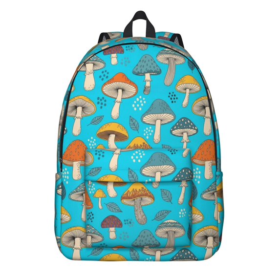 Mushroom and Leaf Blue Pattern Backpack for School, Cute School Bag with Adjustable Shoulder Straps and Padded Back, 15.7"x11.8"x5.5"