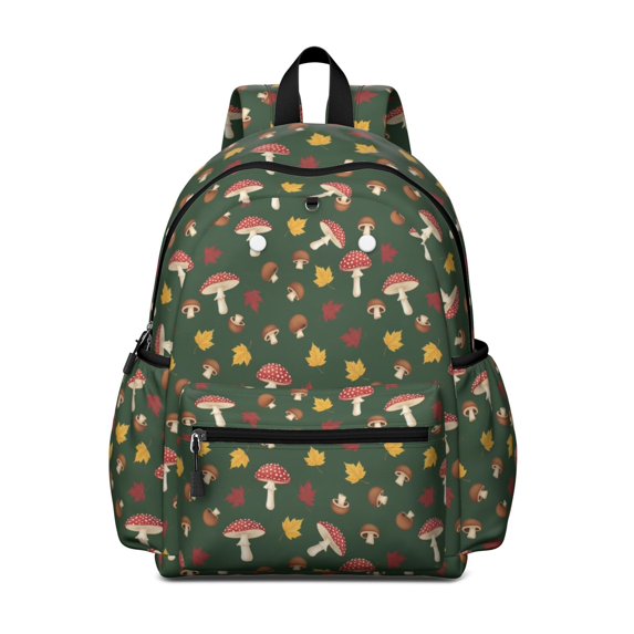 Mushroom and Leaf Green Pattern Cute School Backpack with Padded Back and Adjustable Shoulder Straps 13.4"x11"x4.7"