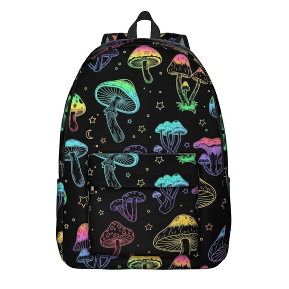 Mushroom and Moon Black Pattern Backpack for School, Cute School Bag with Adjustable Shoulder Straps and Padded Back, 15.7"x11.8"x5.5"