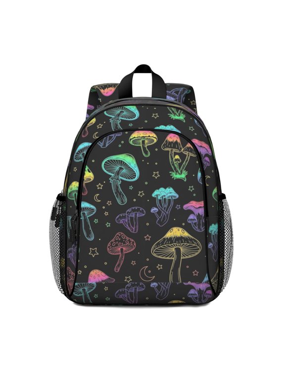 Mushroom and Moon Black Pattern Backpack for School, Cute School Bag with Adjustable Shoulder Straps and Padded Back, 15"x11.42"x5.5"