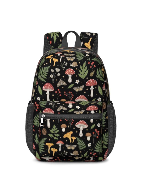 Mushroom and Moth Black Pattern 17" School Backpacks for Teens,Waterproof Oxford Fabric,S-Shape Padded Straps for School,Travel,Hiking,Camping