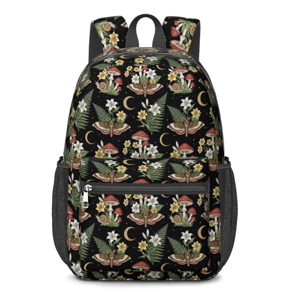Mushroom and Moth Black Pattern 17" School Backpacks for Teens,Waterproof Oxford Fabric,S-Shape Padded Straps for School,Travel,Hiking,Camping