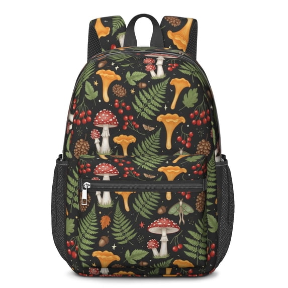 Mushroom and Moth Black Pattern 17" School Backpacks for Teens,Waterproof Oxford Fabric,S-Shape Padded Straps for School,Travel,Hiking,Camping