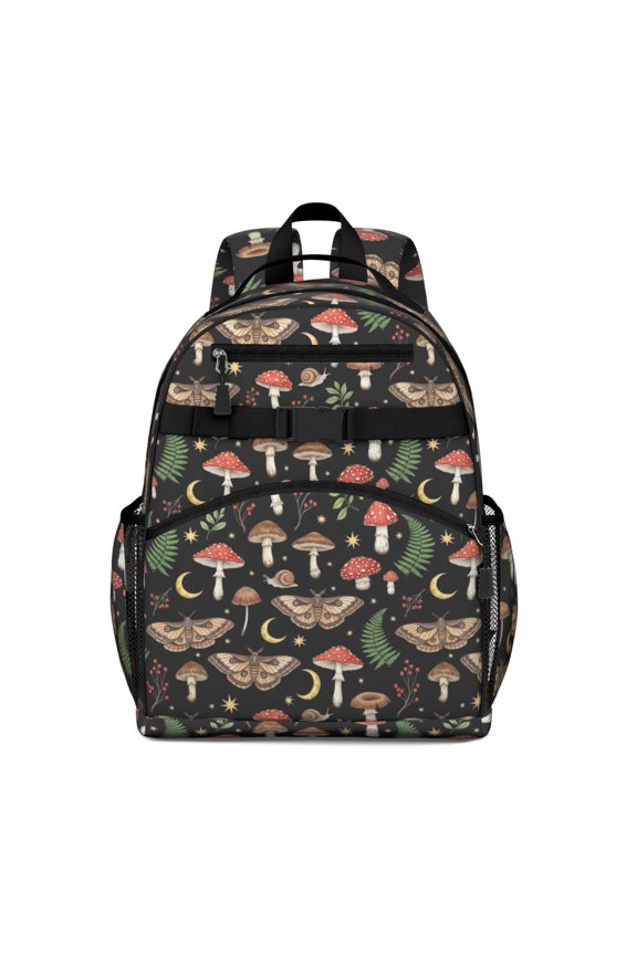 Mushroom and Moth Black Pattern Backpack for School, Cute School Bag with Adjustable Shoulder Straps and Padded Back, 15.25"x11.5"x5.25"