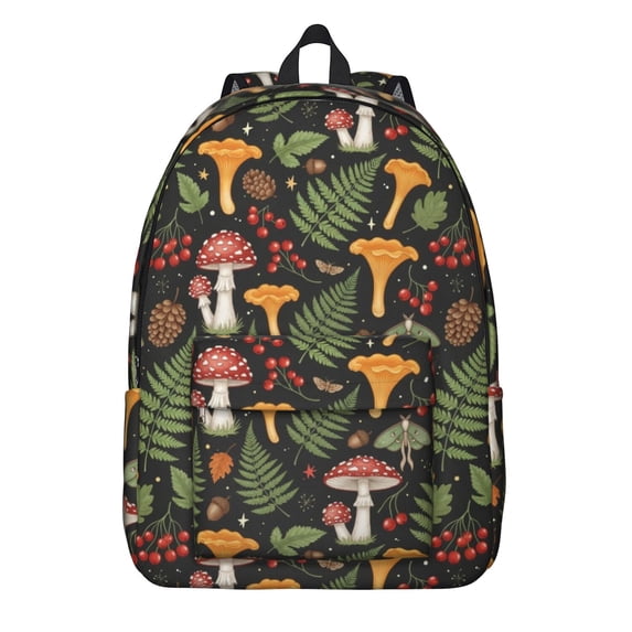 Mushroom and Moth Black Pattern Backpack for School, Cute School Bag with Adjustable Shoulder Straps and Padded Back, 15.7"x11.8"x5.5"