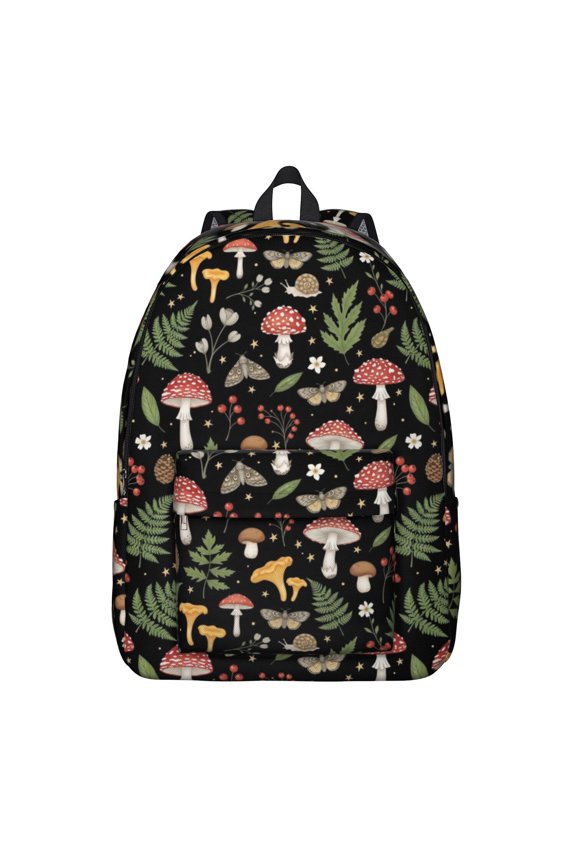 Mushroom and Moth Black Pattern Backpack for School, Cute School Bag with Adjustable Shoulder Straps and Padded Back, 15.7"x11.8"x5.5"