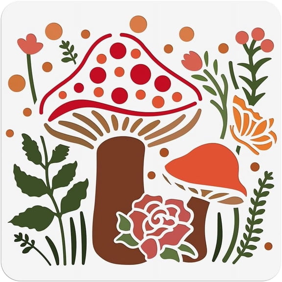 Mushroom and Plants PET Painting Stencil 11.8×11.8 inch Reusable DIY Art and Craft Stencils Hollow Painting Template for DIY Making