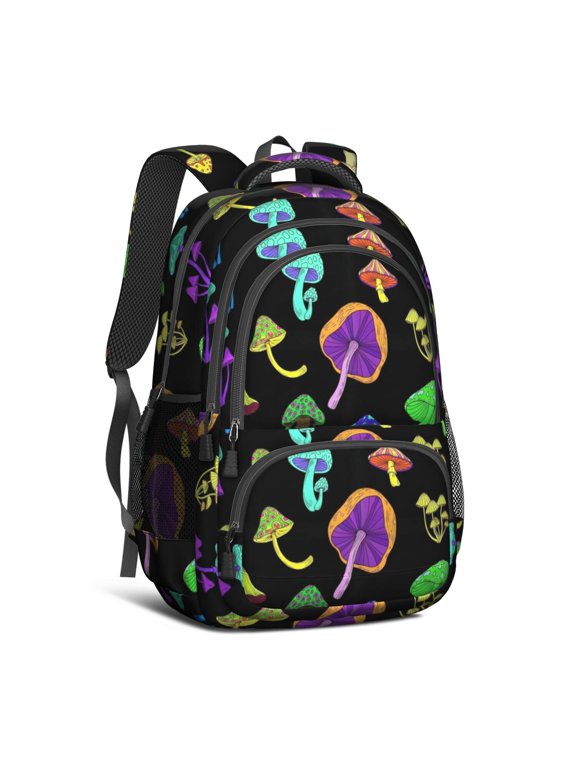 Mushroom and Psychedelic Black Backpack for School, Cute School Bag with Adjustable Shoulder Straps and Padded Back, 16.9"x12.6"x5.9"
