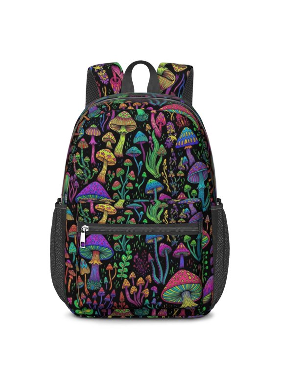 Mushroom and Psychedelic Black Pattern 17" School Backpacks for Teens,Waterproof Oxford Fabric,S-Shape Padded Straps for School,Travel,Hiking,Camping