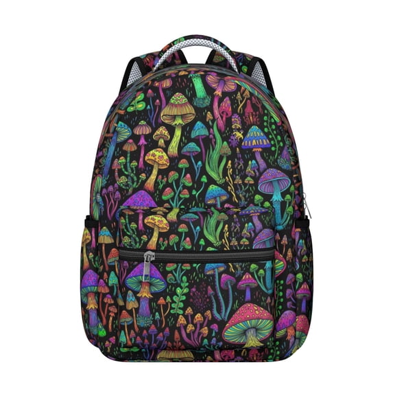 Mushroom and Psychedelic Black Pattern Backpack for School, Cute School Bag with Adjustable Shoulder Straps and Padded Back, 15.3"x11"x7.1"