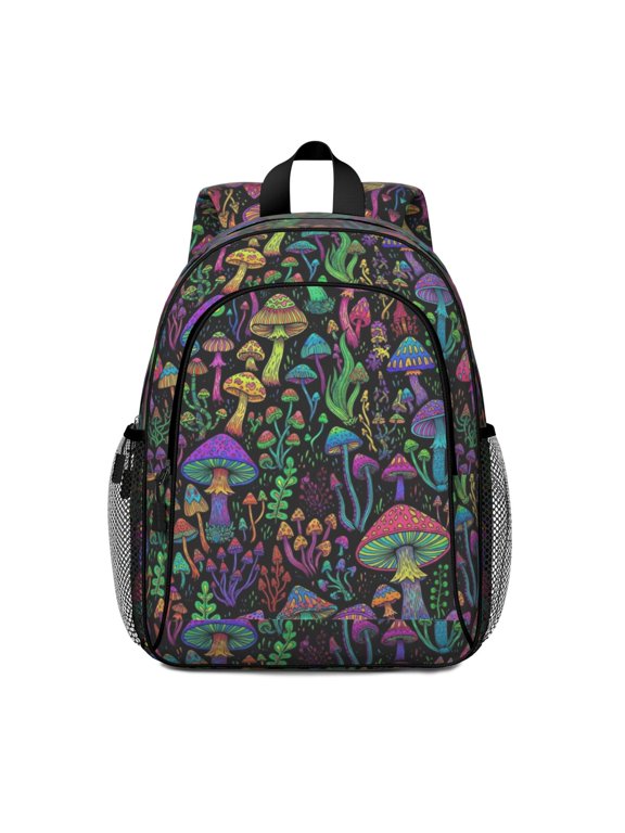 Mushroom and Psychedelic Black Pattern Backpack for School, Cute School Bag with Adjustable Shoulder Straps and Padded Back, 15"x11.42"x5.5"