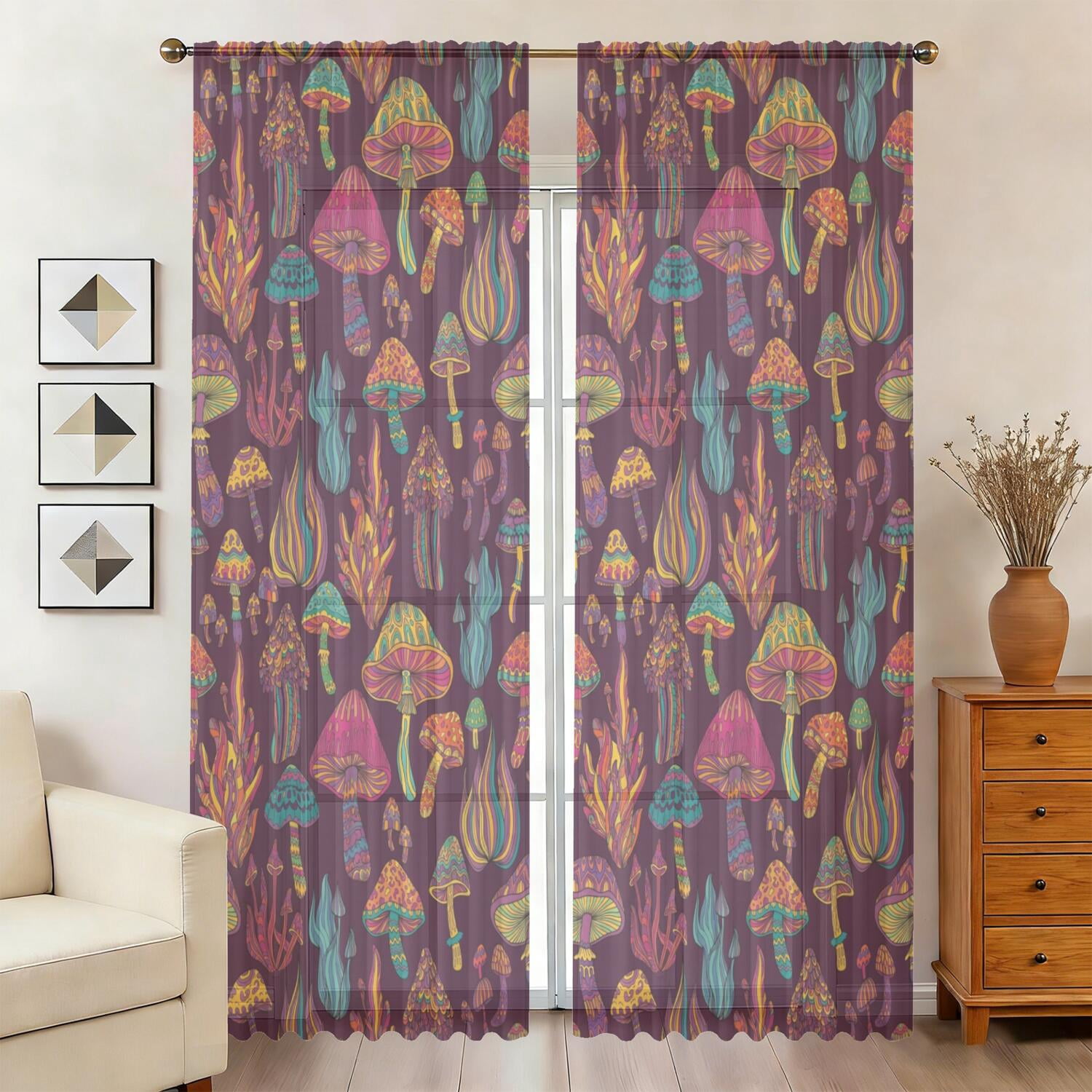 Mushroom and Psychedelic Purple Pattern Sheer Curtains, Voile Drapes ...