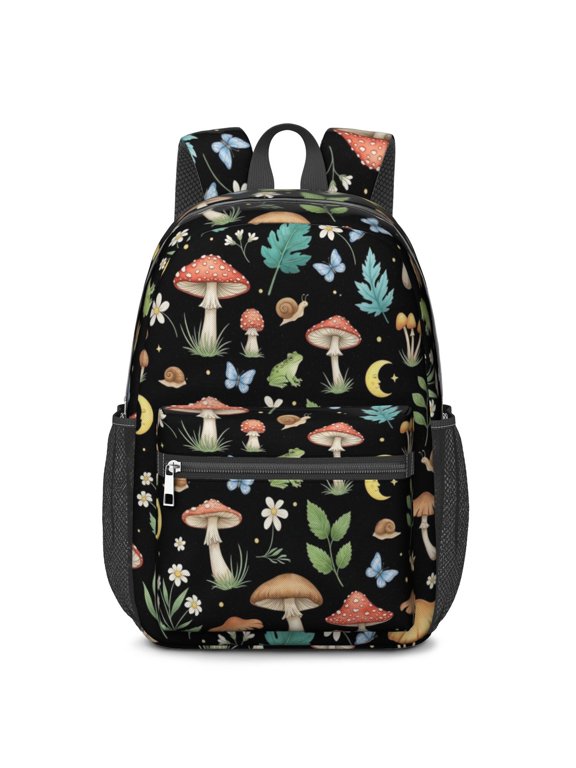 Mushroom and Snail Black Pattern 17" Waterproof Oxford School Backpacks for Teens, S-Shape Padded Straps, for School, Travel, Hiking, Camping