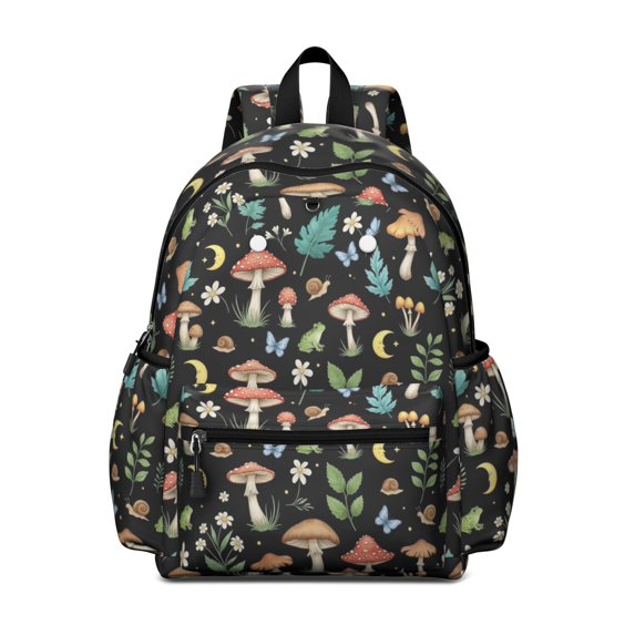 Mushroom and Snail Black Pattern Cute School Backpack with Padded Back and Adjustable Shoulder Straps 13.4"x11"x4.7"