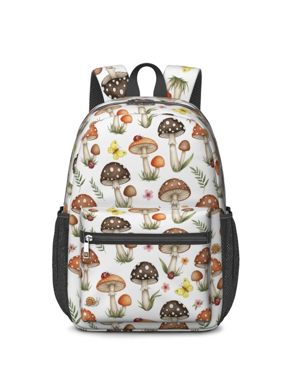Mushroom and Snail White Pattern 17" Waterproof Oxford School Backpacks for Teens, S-Shape Padded Straps, for School, Travel, Hiking, Camping