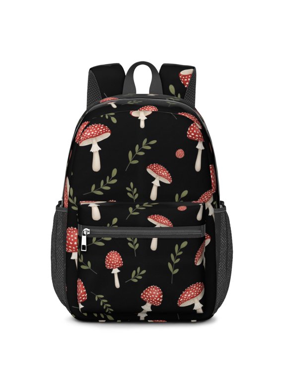 Mushroom and Sprig Black Pattern 17" School Backpacks for Teens,Waterproof Oxford Fabric,S-Shape Padded Straps for School,Travel,Hiking,Camping
