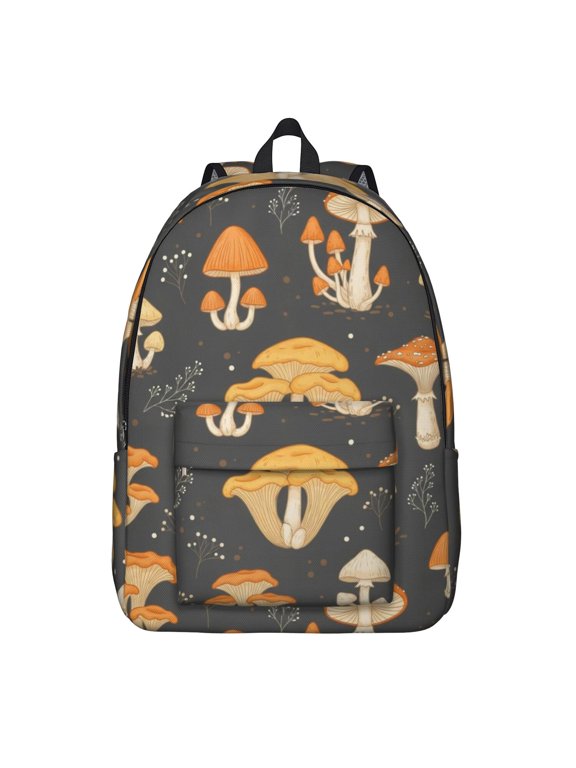 Mushroom and Sprig Black Pattern Backpack for School, Cute School Bag with Adjustable Shoulder Straps and Padded Back, 15.7"x11.8"x5.5"
