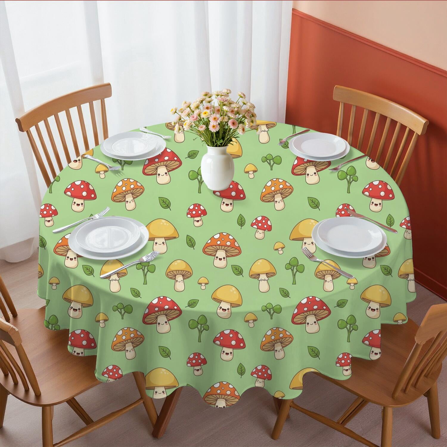 Green Tablecloth Pattern Mushroom and Sprig Green Pattern Round Tablecloth 70