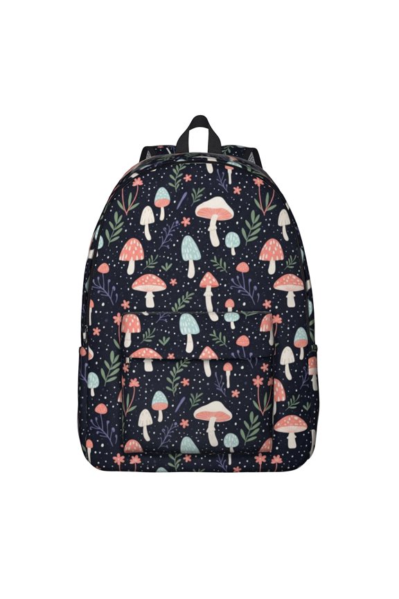 Mushroom and Sprig Navy Pattern Backpack for School, Cute School Bag with Adjustable Shoulder Straps and Padded Back, 15.7"x11.8"x5.5"