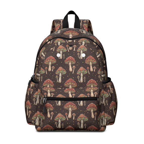 Mushroom and Star Black Pattern Cute School Backpack with Padded Back and Adjustable Shoulder Straps 13.4"x11"x4.7"
