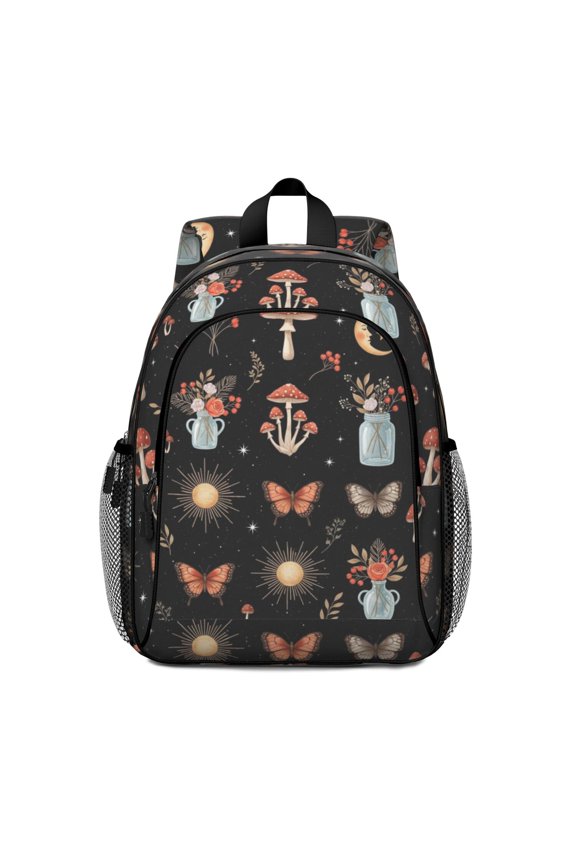 Mushroom and Sun Gothic Pattern Backpack for School, Cute School Bag with Adjustable Shoulder Straps and Padded Back, 15"x11.42"x5.5"