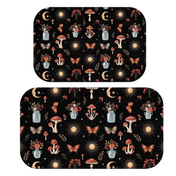 Mushroom and Sun Gothic Pattern Bath Mat Set Of 2,Non-Slip Rug for Bathroom,Kitchen,Bedroom,Entrance, 30x17 and 23.5x15.7 Inches