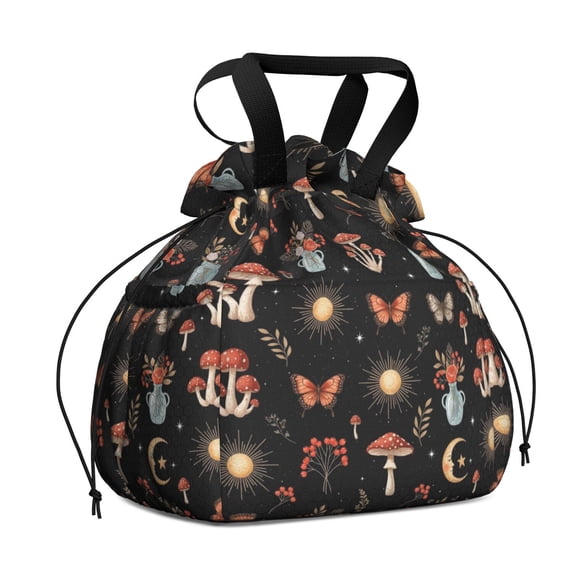 Mushroom and Sun Gothic Pattern Drawstring Insulated Lunch Bag for Women, Stain-Resistant Large Lunch Tote with Multi-Pockets for Work Office