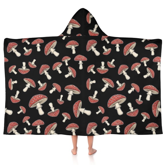 Mushroom and Toadstool Black Pattern Teens Hooded Bath Towel Wrap for Ages 3 To 12,Quick Dry Lightweight Soft Microfiber Bath Beach Pool,50"x30"