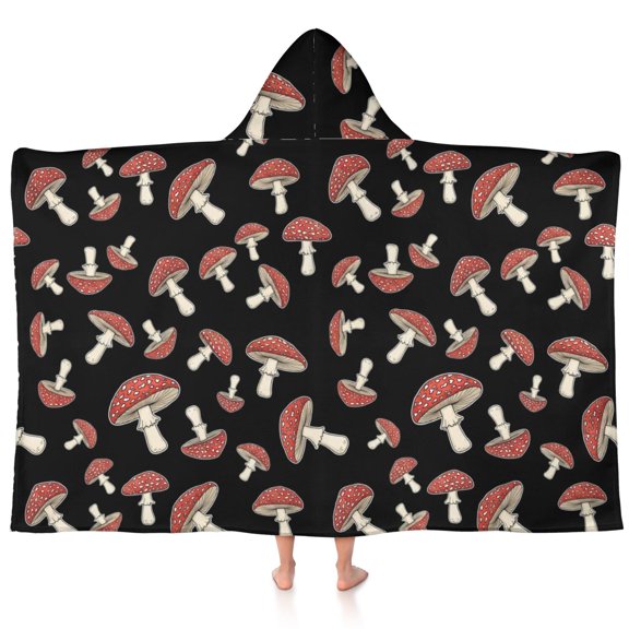 Mushroom and Toadstool Black Pattern Teens Hooded Bath Towel Wrap for Ages 3 To 12,Quick Dry Lightweight Soft Microfiber Bath Beach Pool,60"x35"