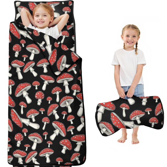 Mushroom and Toadstool Black Pattern Teens Toddler Nap Mat with Pillow, Sleeping Mat Bag for Preschool Daycare 59"x22"