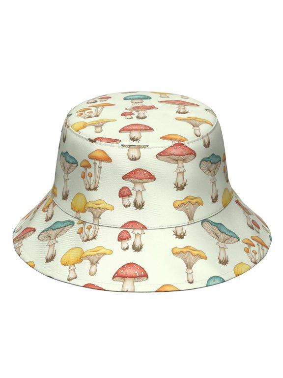 Mushroom and Toadstool Cream Pattern Bucket Hat, Fishing Hiking Cap with Wide Brim & Breathable Fabric, Polyester Twill Gifts for Unisex Men Women
