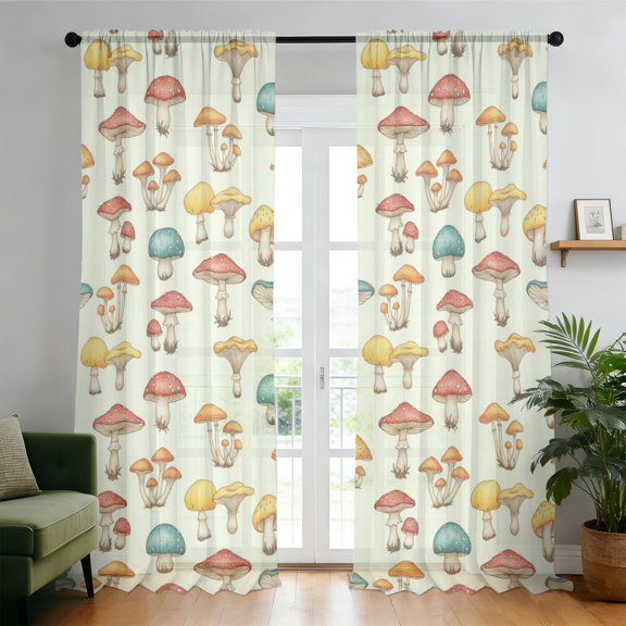 Mushroom and Toadstool Cream Pattern Sheer Curtains, Sheer Curtain Panels with Dual Rod Pocket, Airy Sheer Gifts for Patio Villa Home Decor,52"x108"