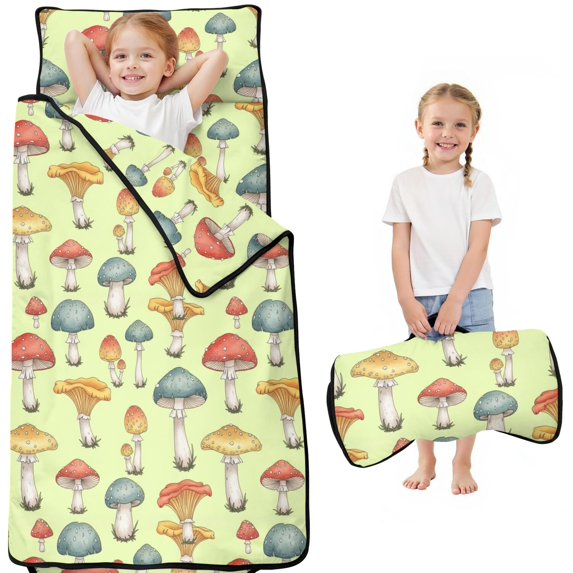 Mushroom and Toadstool Cream Pattern Teens Toddler Nap Mat with Pillow, Sleeping Mat Bag for Preschool Daycare 50"x20"