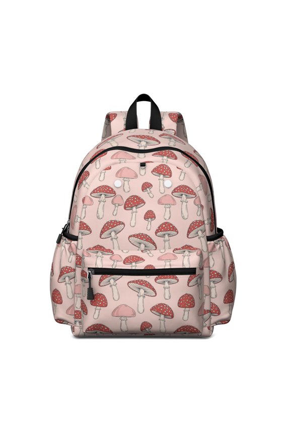 Mushroom and Toadstool Pink Pattern Cute School Backpack with Padded Back and Adjustable Shoulder Straps 13.4"x11"x4.7"
