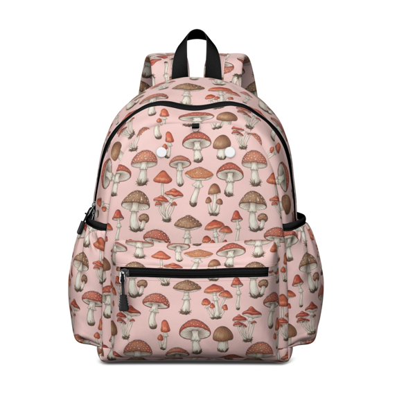 Mushroom and Toadstool Pink Pattern Cute School Backpack with Padded Back and Adjustable Shoulder Straps 13.4"x11"x4.7"