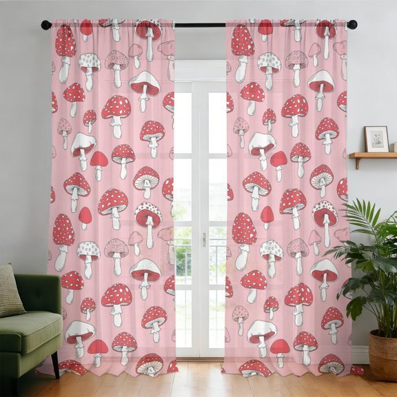 Mushroom and Toadstool Pink Pattern Sheer Curtains, Voile Drapes with Dual Rod Pocket, Easy Install Gifts for Living Room Bedroom,52"x108"