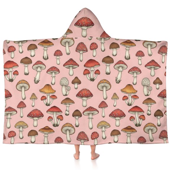Mushroom and Toadstool Pink Pattern Teens Hooded Bath Towel Wrap for Ages 3 To 12,Quick Dry Lightweight Soft Microfiber Bath Beach Pool,60"x35"