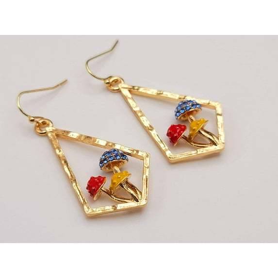 Mushroom earrings , unique forest jewelry , colorful hammered jewelry