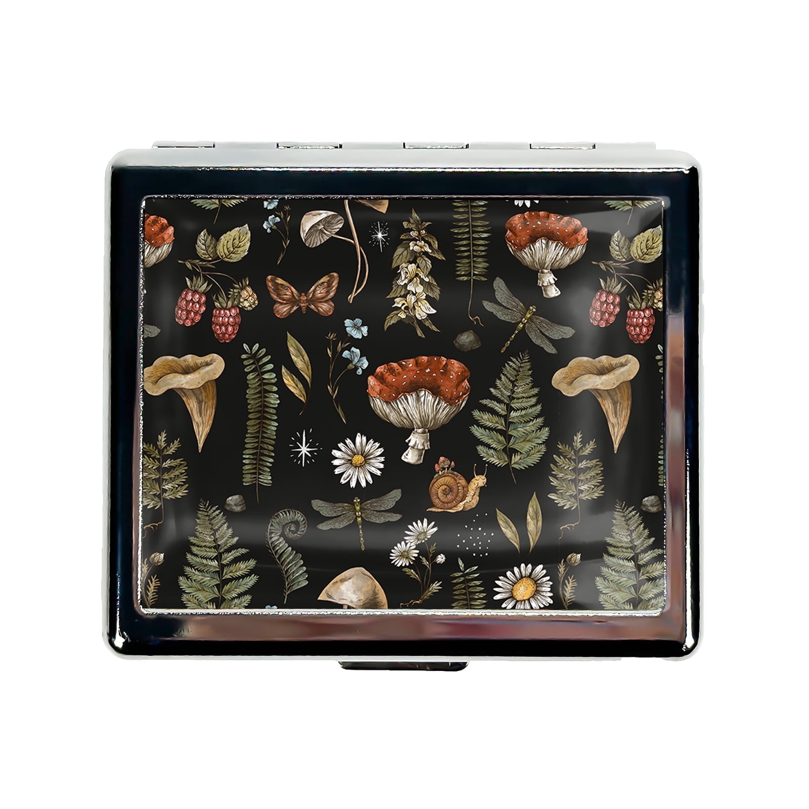 Mushroom illustration 7 Days Chromed Shiny Silver Pill Organizer with Mirror Inside Has 8 Separate Compartments Rectangle Cute Travel Pill Organizer for Purse 7 Days Pill Box Pill Case