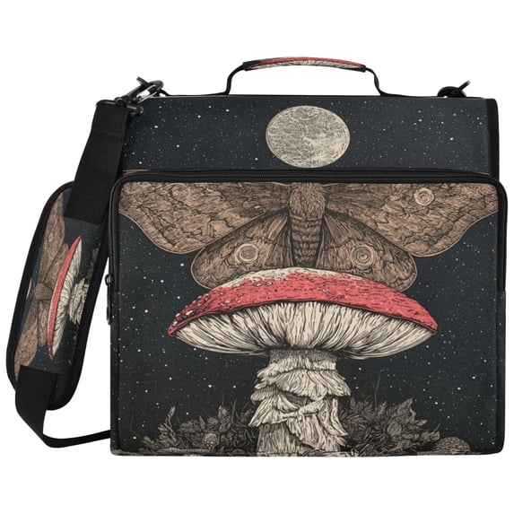 Mushroom-moth Printed Zipper Binder with Handle&Shoulder Strap 2 inch 3 Ring 500+300 Sheet Capacity File Folder Organizer