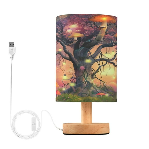 Mushroom on Magic Tree Bedside Table Lamp Desk Warm Lights with USB Charging Port Cylinder LED Lamps for Bedroom Living Room Office