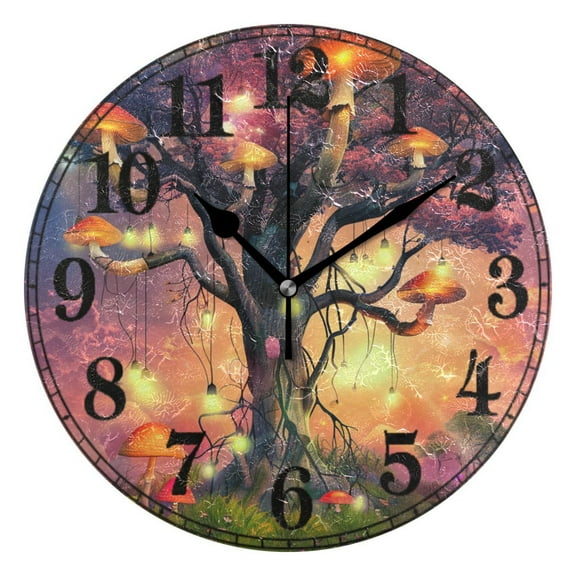 Mushroom on Magic Tree Silent Wall Clock 10" Non-Ticking Battery Clock