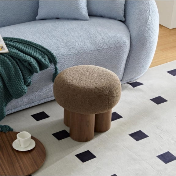 Mushroom stool, brown lamb wool seat, barrel PVC pipe with walnut veneer