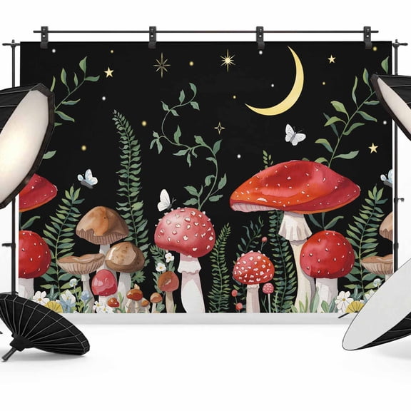 Mushrooms Backdrop for Photography, Eucalyptus Leaf Butterfly Plants Moon Night Photo Backdrop Portrait Background Party Banner Photo Backgrounds for Studio Booth Props, 12x8ft