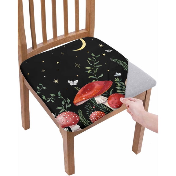 Mushrooms Black Chair Seat Covers for Dining Room Stretch Chair Seat Covers Set of 6, Botanical Leaf Butterflies Country Moon Chair Seat Protector Cushion Slipcovers for Kitchen Restaurant Office
