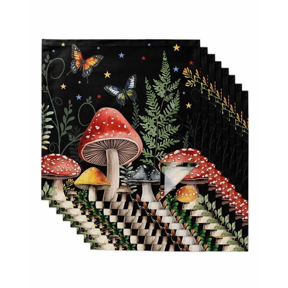 Mushrooms Black Cloth Napkins Set of 8 Reusable Dinner Napkins, Butterfly Botanical Country Plants Cocktail Napkin Washable Table Napkins for Wedding/Holiday Party/Baby Shower 20"x20"