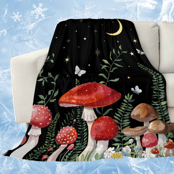 Mushrooms Black Cooling Blanket for Hot Sleepers,Soft Cool Summer Blanket for Night Sweats,Botanical Leaf Butterflies Country Moon Lightweight Ice Silk Bed Throw Blankets All Season 60"x80"
